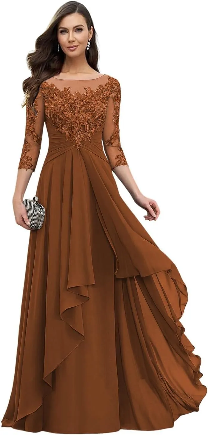 Mother of The Bride Dresses for Wedding Long Sleeves Lace Formal Evening Dress Ruffles Mother of Groom Dresses YB20
