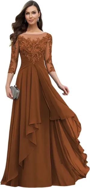 Mother of The Bride Dresses for Wedding Long Sleeves Lace Formal Evening Dress Ruffles Mother of Groom Dresses YB20