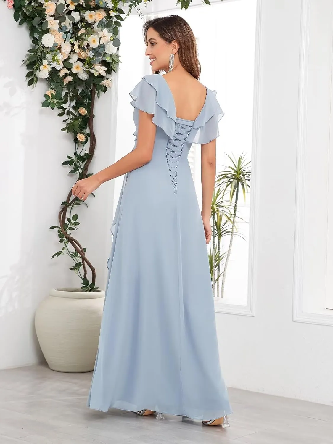 Mother of The Bride Dresses for Wedding Ruffle Chiffon Formal Evening Gown with Pleated Cap Sleeve