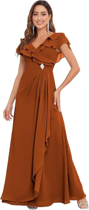 Mother of The Bride Dresses for Wedding Ruffle Chiffon Formal Evening Gown with Pleated Cap Sleeve