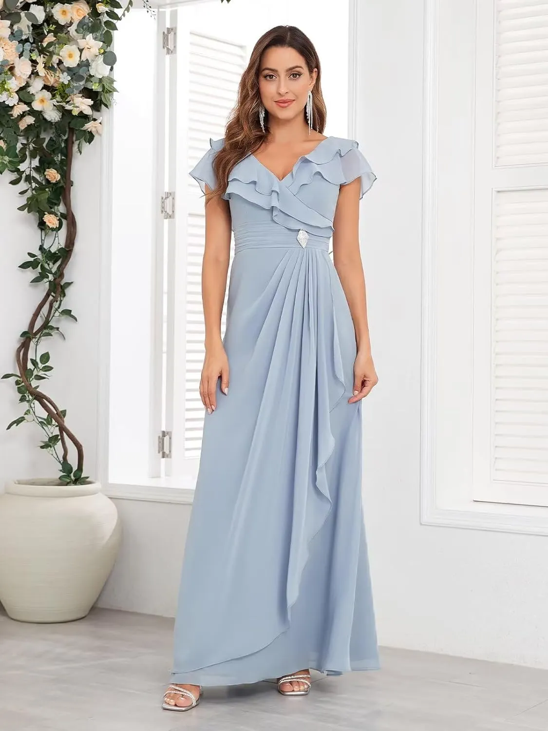 Mother of The Bride Dresses for Wedding Ruffle Chiffon Formal Evening Gown with Pleated Cap Sleeve
