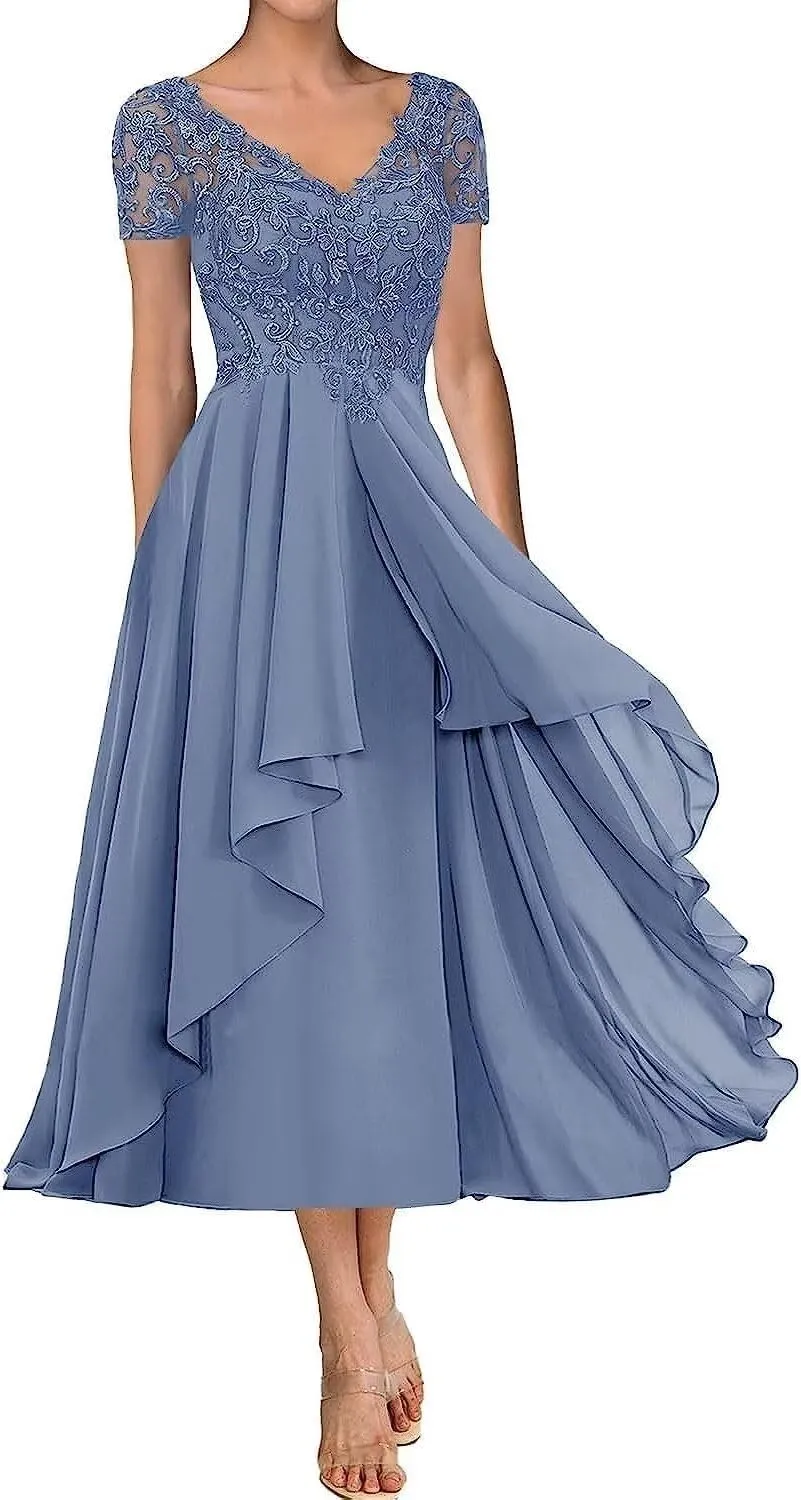 Mother of The Bride Dresses for Wedding Short Sleeves Lace Applique Chiffon V-Neck Formal Evening Party Gown for Women