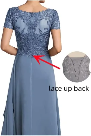 Mother of The Bride Dresses for Wedding Short Sleeves Lace Applique Chiffon V-Neck Formal Evening Party Gown for Women