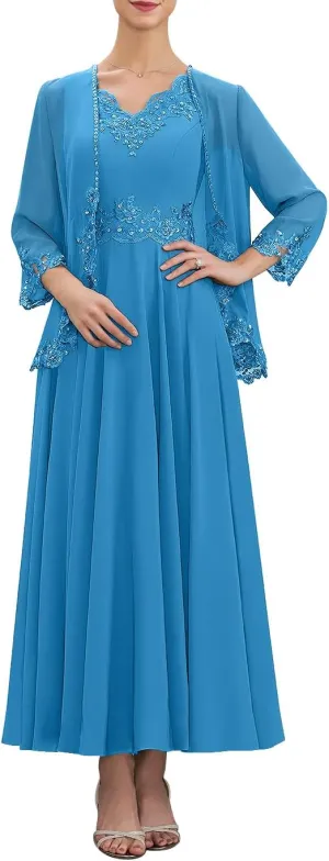 Mother of The Bride Dresses for Wedding with Jackets Beaded Sequin Lace Chiffon Formal Wedding Guest Dresses