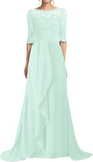 Mother of The Bride Dresses Half Sleeve Long A-line Lace Applique Chiffon Formal Evening Gowns