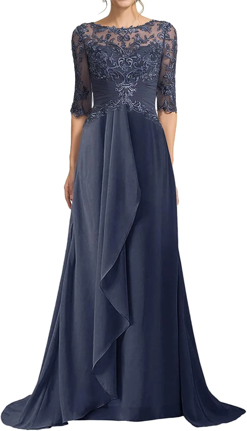 Mother of The Bride Dresses Half Sleeve Long A-line Lace Applique Chiffon Formal Evening Gowns
