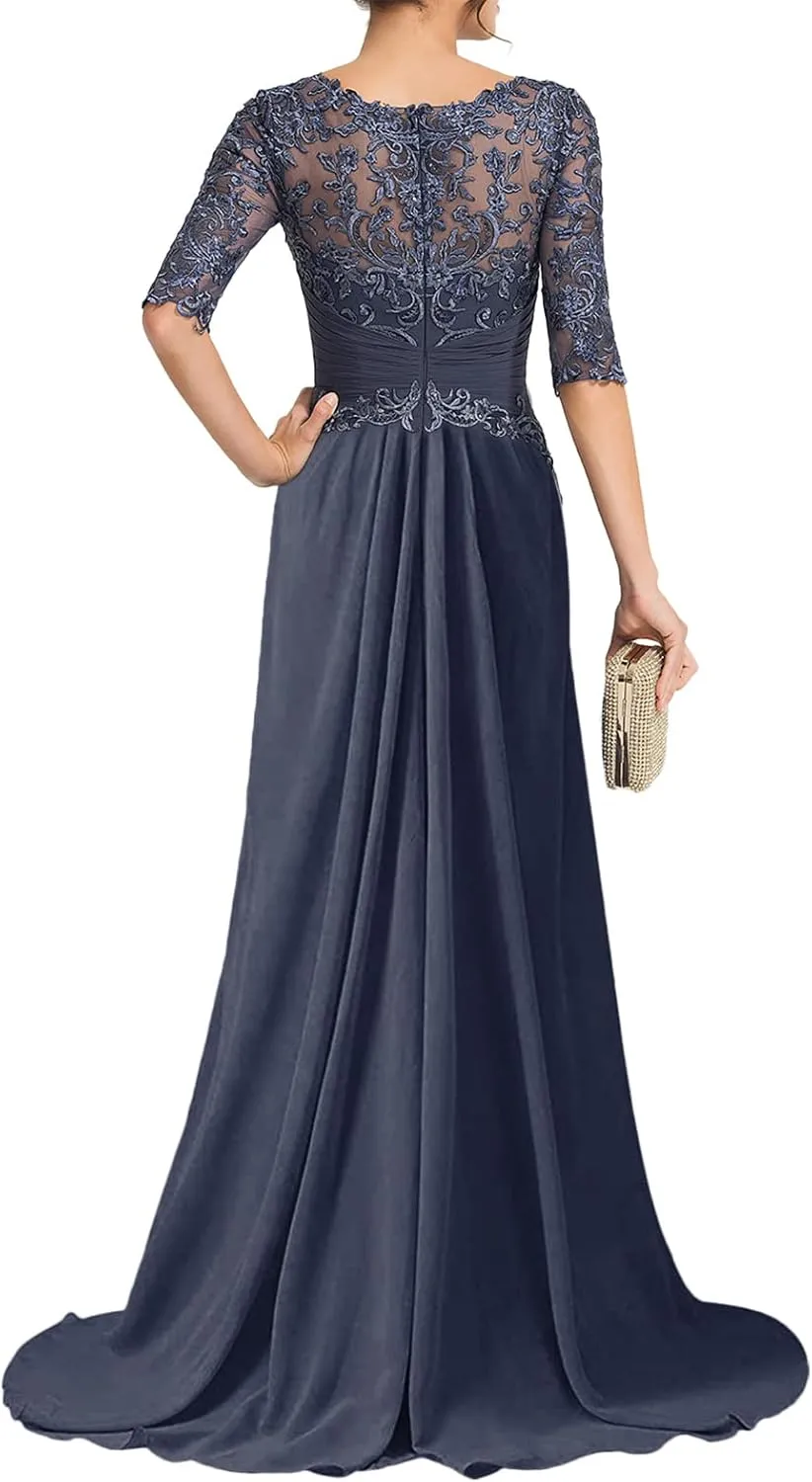 Mother of The Bride Dresses Half Sleeve Long A-line Lace Applique Chiffon Formal Evening Gowns