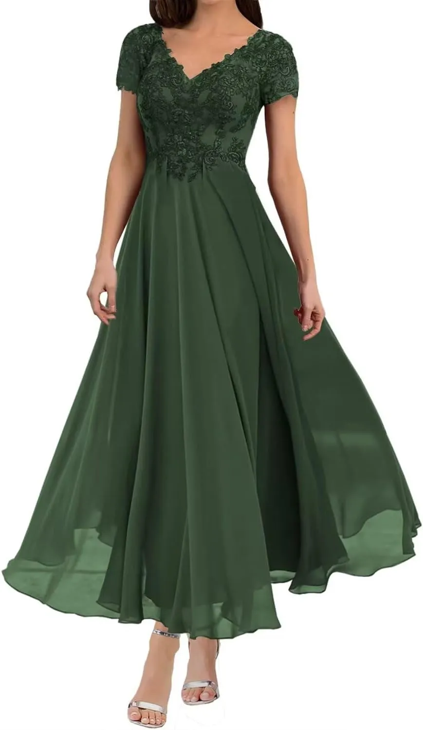 Mother of The Bride Dresses Lace Appliques Formal Evening Party Prom Gown Chiffon Short Sleeve A-Line DR0201R