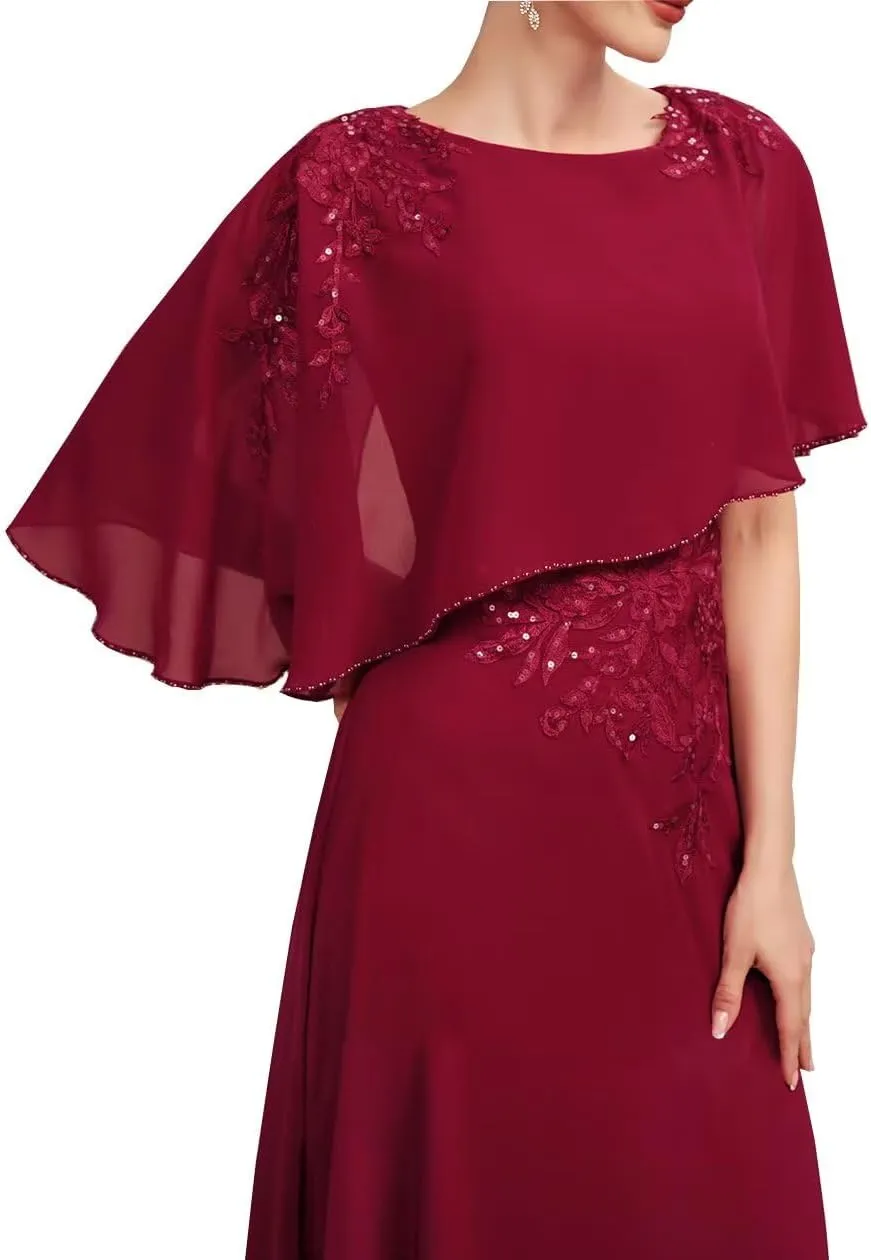 Mother of The Bride Dresses Laces Chiffon Formal Evening Party Grandmother Dresses with Cape Shawl ZX34