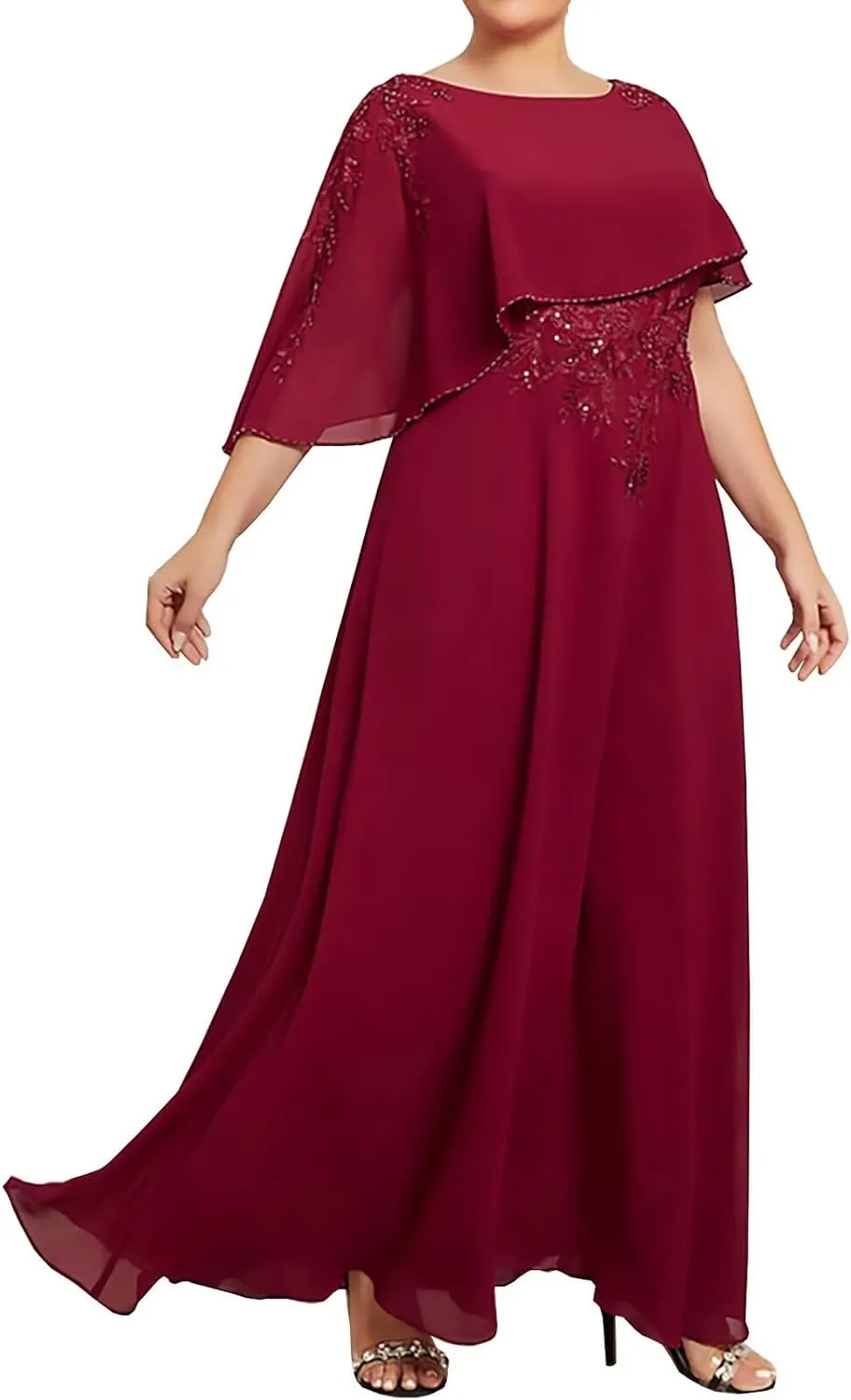 Mother of The Bride Dresses Laces Chiffon Formal Evening Party Grandmother Dresses with Cape Shawl ZX34