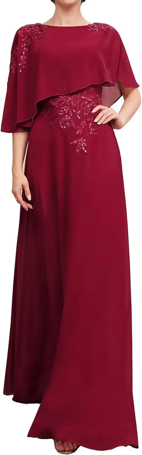 Mother of The Bride Dresses Laces Chiffon Formal Evening Party Grandmother Dresses with Cape Shawl ZX34