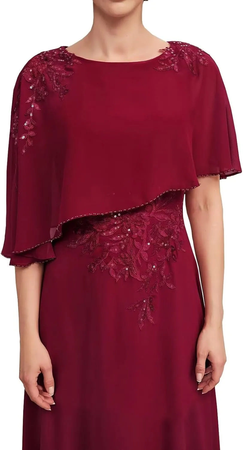 Mother of The Bride Dresses Laces Chiffon Formal Evening Party Grandmother Dresses with Cape Shawl ZX34
