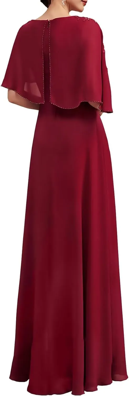 Mother of The Bride Dresses Laces Chiffon Formal Evening Party Grandmother Dresses with Cape Shawl ZX34