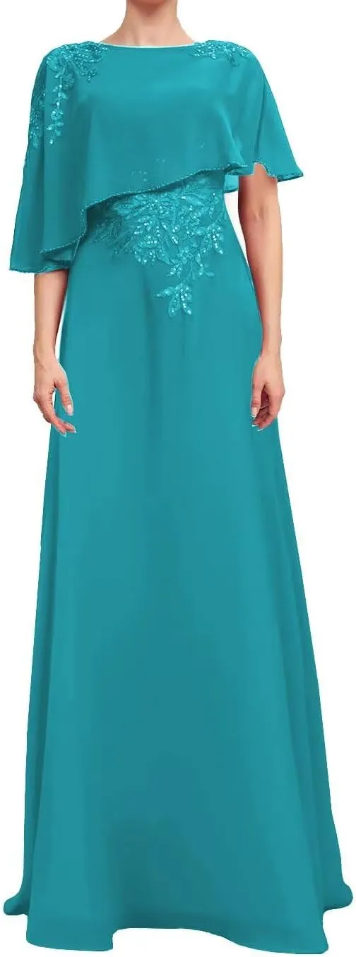Mother of The Bride Dresses Laces Chiffon Formal Evening Party Grandmother Dresses with Cape Shawl ZX34