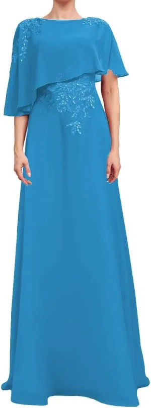 Mother of The Bride Dresses Laces Chiffon Formal Evening Party Grandmother Dresses with Cape Shawl ZX34