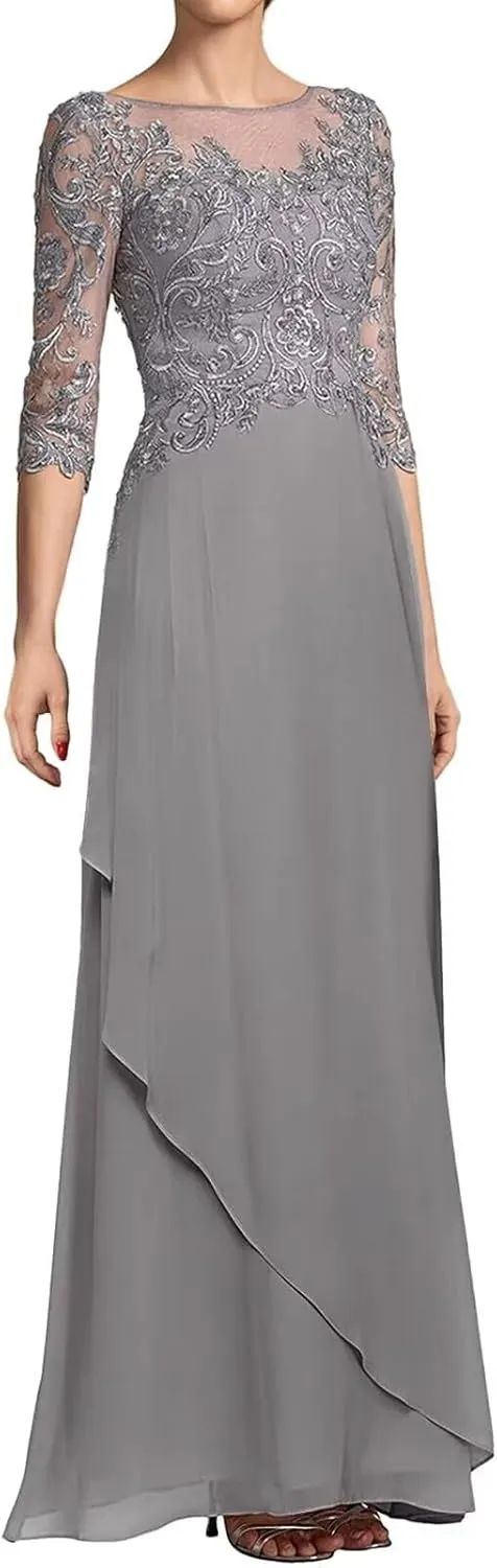 Mother of The Bride Dresses Long Evening Formal Dress 3/4 Sleeve Lace Applique Mother of The Groom Dresses