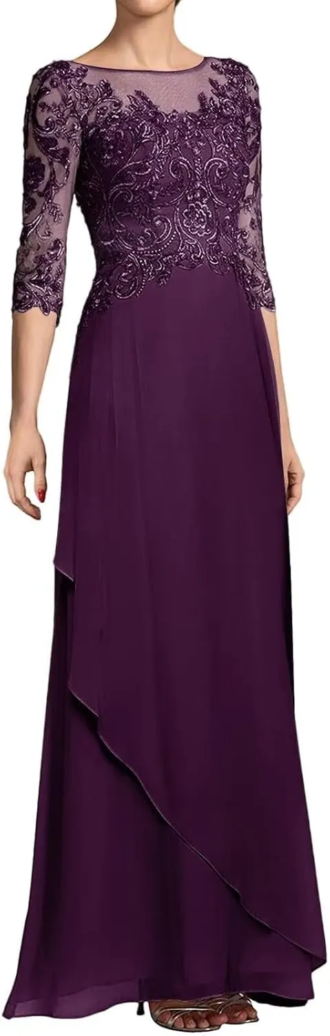 Mother of The Bride Dresses Long Evening Formal Dress 3/4 Sleeve Lace Applique Mother of The Groom Dresses