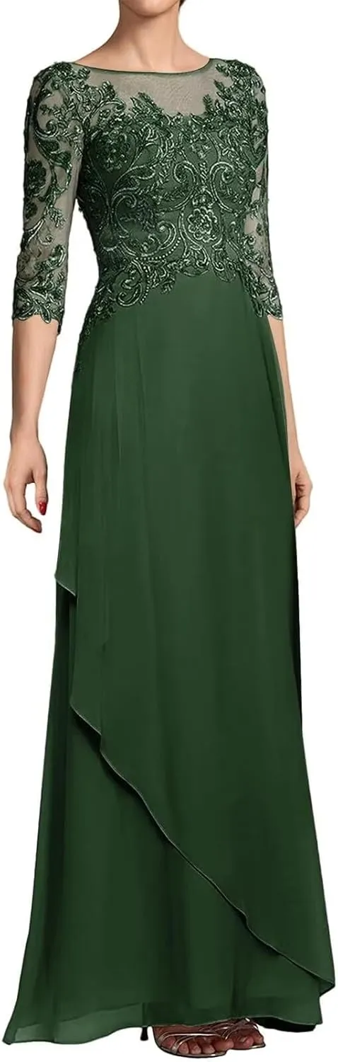Mother of The Bride Dresses Long Evening Formal Dress 3/4 Sleeve Lace Applique Mother of The Groom Dresses