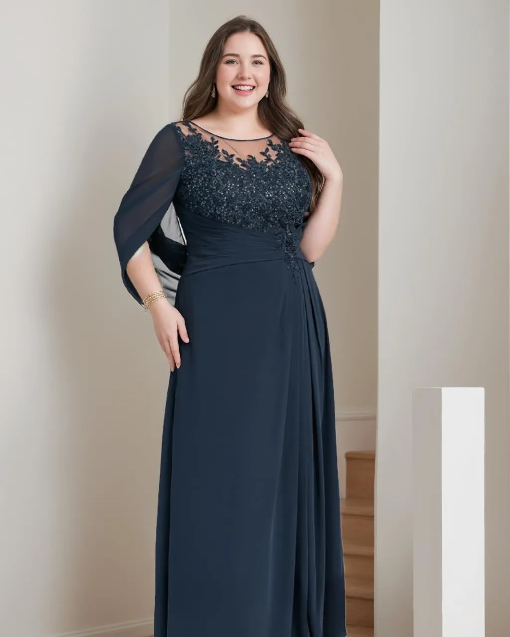 Mother of The Bride Dresses with Cape Lace Chiffon Long Evening Gowns Sequins Grandmother of Groom Dress