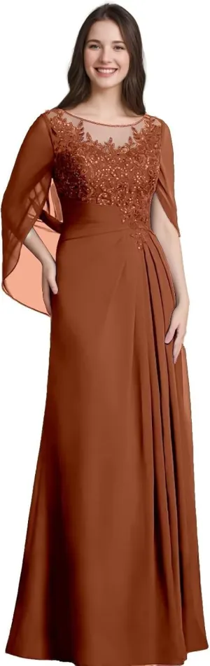 Mother of The Bride Dresses with Cape Lace Chiffon Long Evening Gowns Sequins Grandmother of Groom Dress