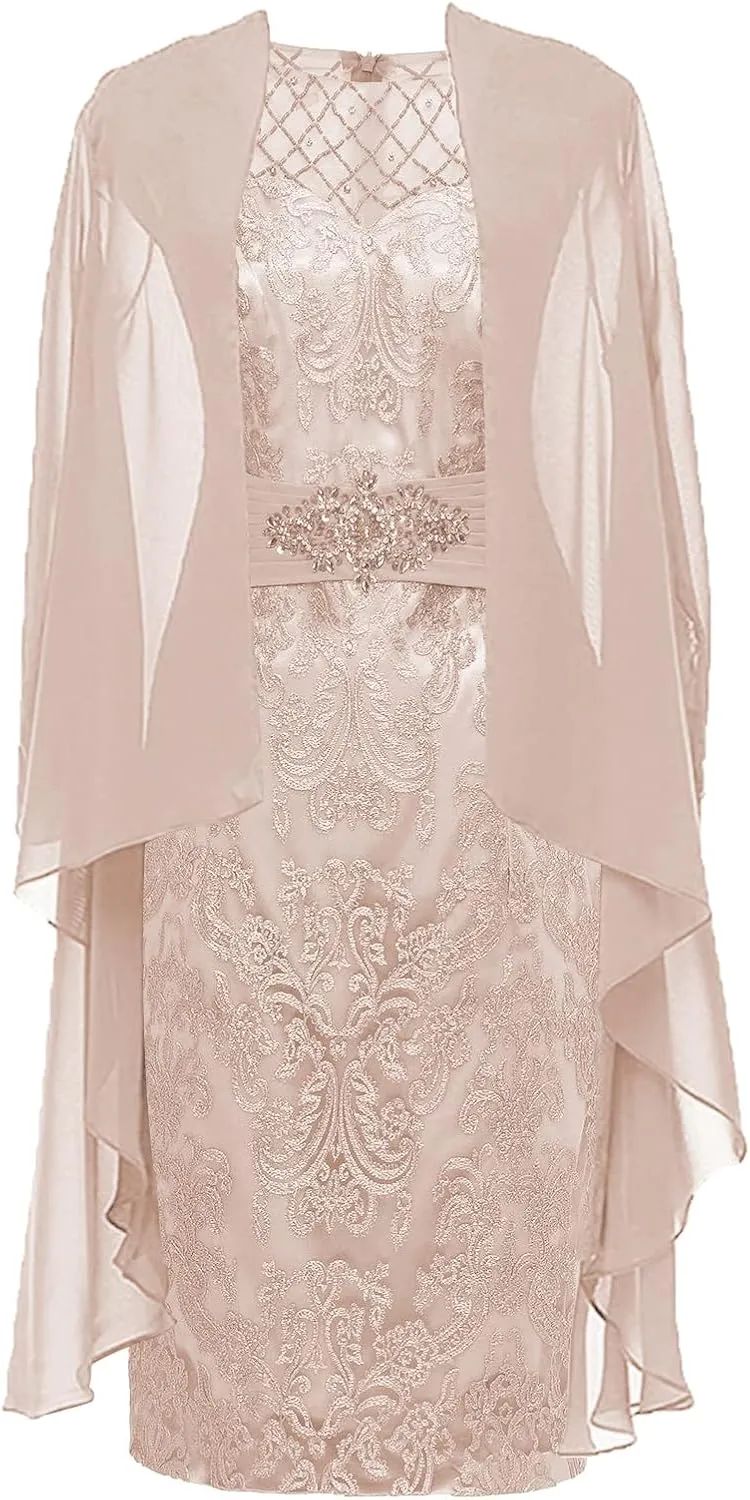Mother of The Bride Dresses with Jacket 2 Pieces Tea Length Evening Gown Chiffon Wedding Guest Dresses for Women