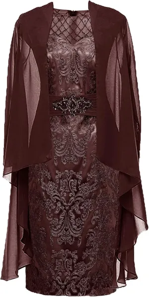 Mother of The Bride Dresses with Jacket 2 Pieces Tea Length Evening Gown Chiffon Wedding Guest Dresses for Women