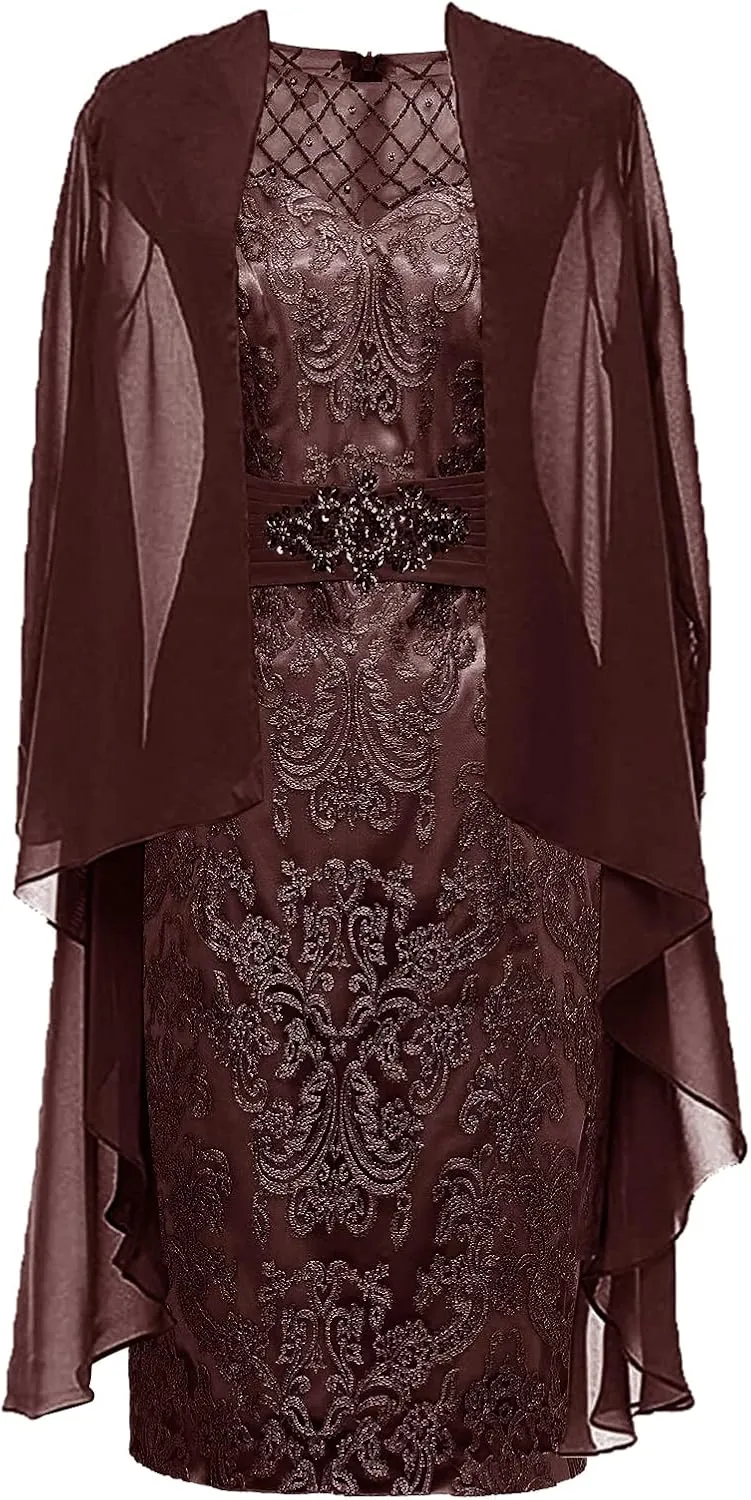 Mother of The Bride Dresses with Jacket 2 Pieces Tea Length Evening Gown Chiffon Wedding Guest Dresses for Women
