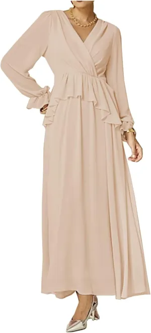 Mother of The Bride Dresses with Long Sleeves for Wedding Petite Formal Evening Gown V-Neck Mother of Groom Dresses