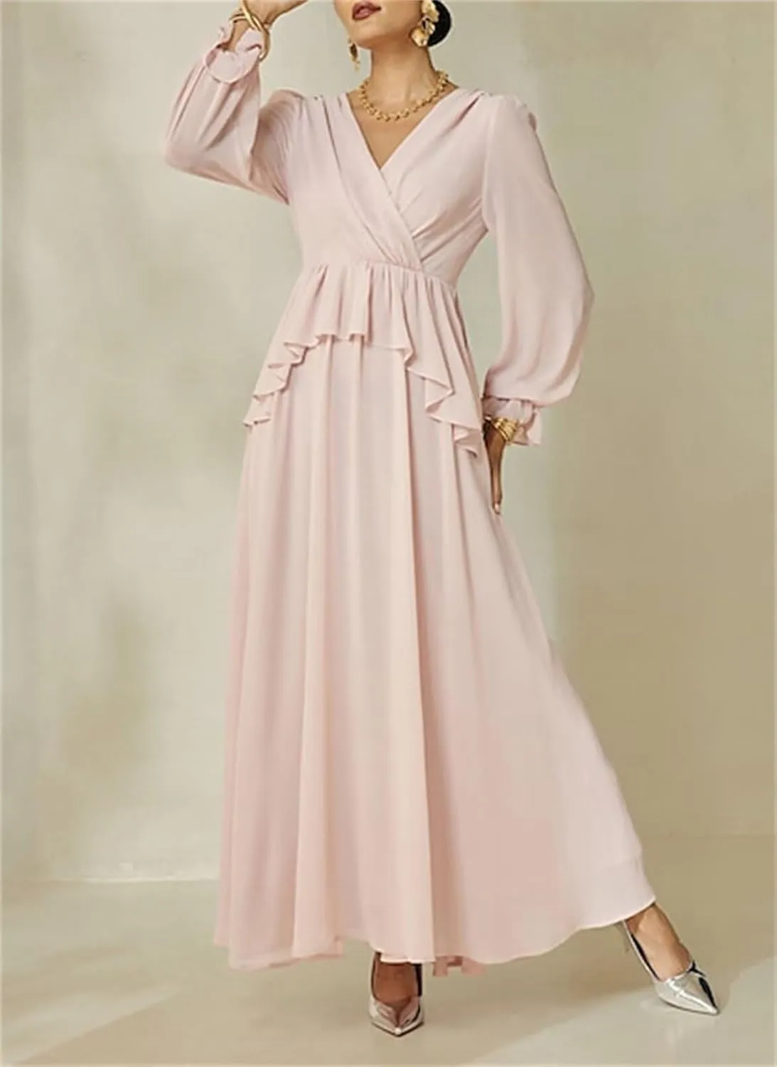 Mother of The Bride Dresses with Long Sleeves for Wedding Petite Formal Evening Gown V-Neck Mother of Groom Dresses