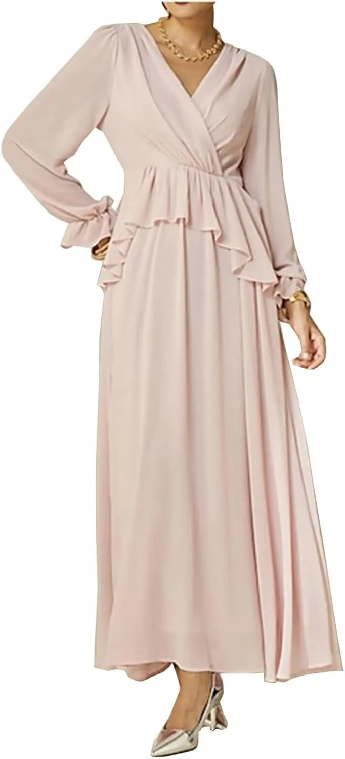 Mother of The Bride Dresses with Long Sleeves for Wedding Petite Formal Evening Gown V-Neck Mother of Groom Dresses