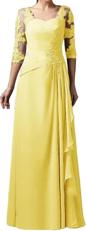 Mother of The Bride Floral Lace Chiffon Dress 3/4 Sleeve A-line Pleated Formal Party Evening Gown Wedding Guest Dress
