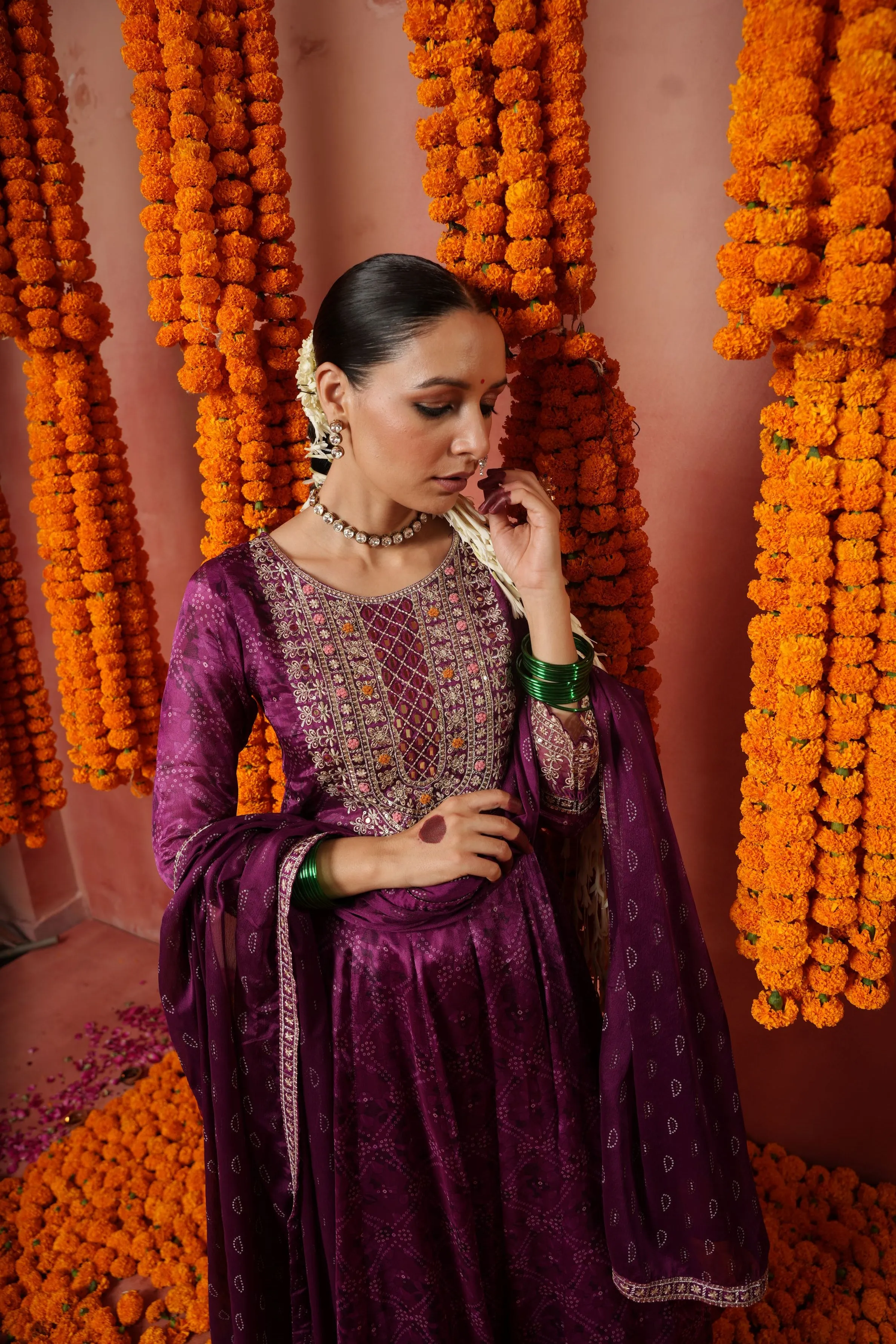 Mulberry Purple Traditional Printed Spanish Silk Anarkali Set