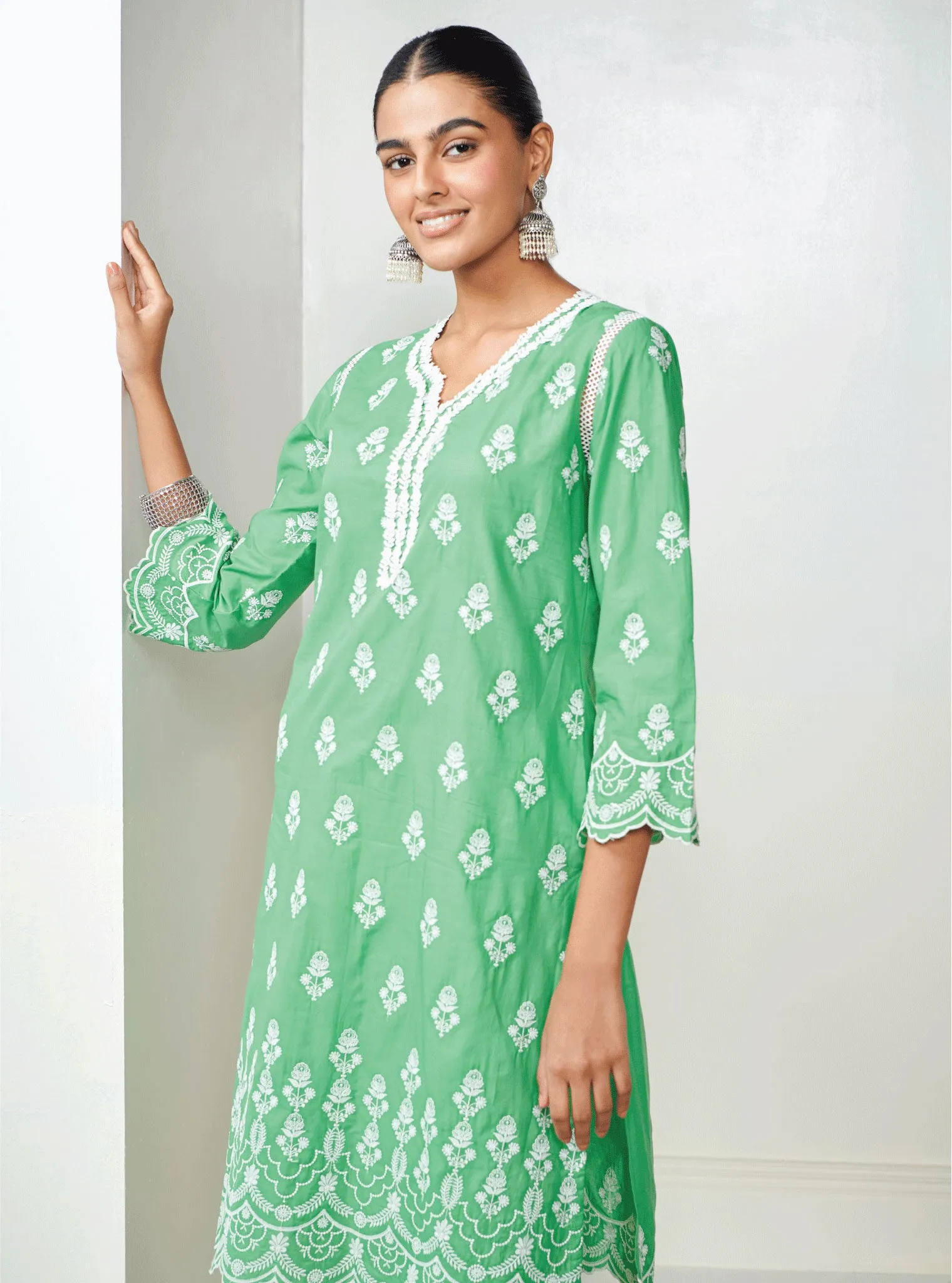 Mulmul Cotton Keily Green Kurta