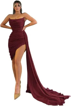MuXiuFC Scoop Neck Homecoming Dresses Short Strapless Chiffon Pleated Tight Prom Cocktail Graduation Dresses with Train