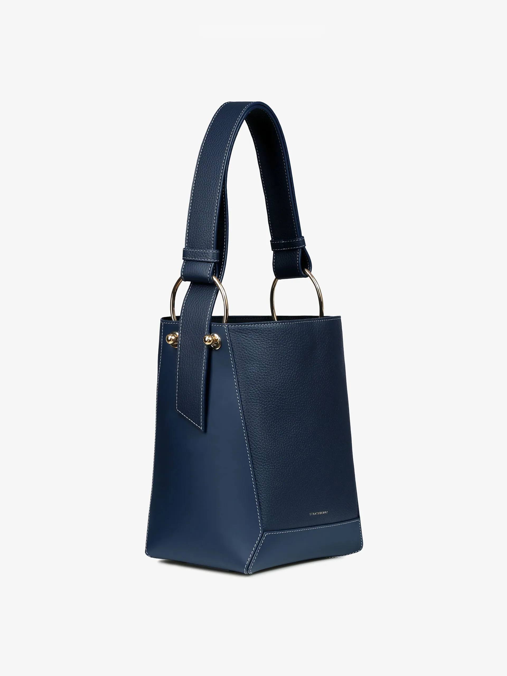 Navy Lana Midi bucket bag with grey stitching