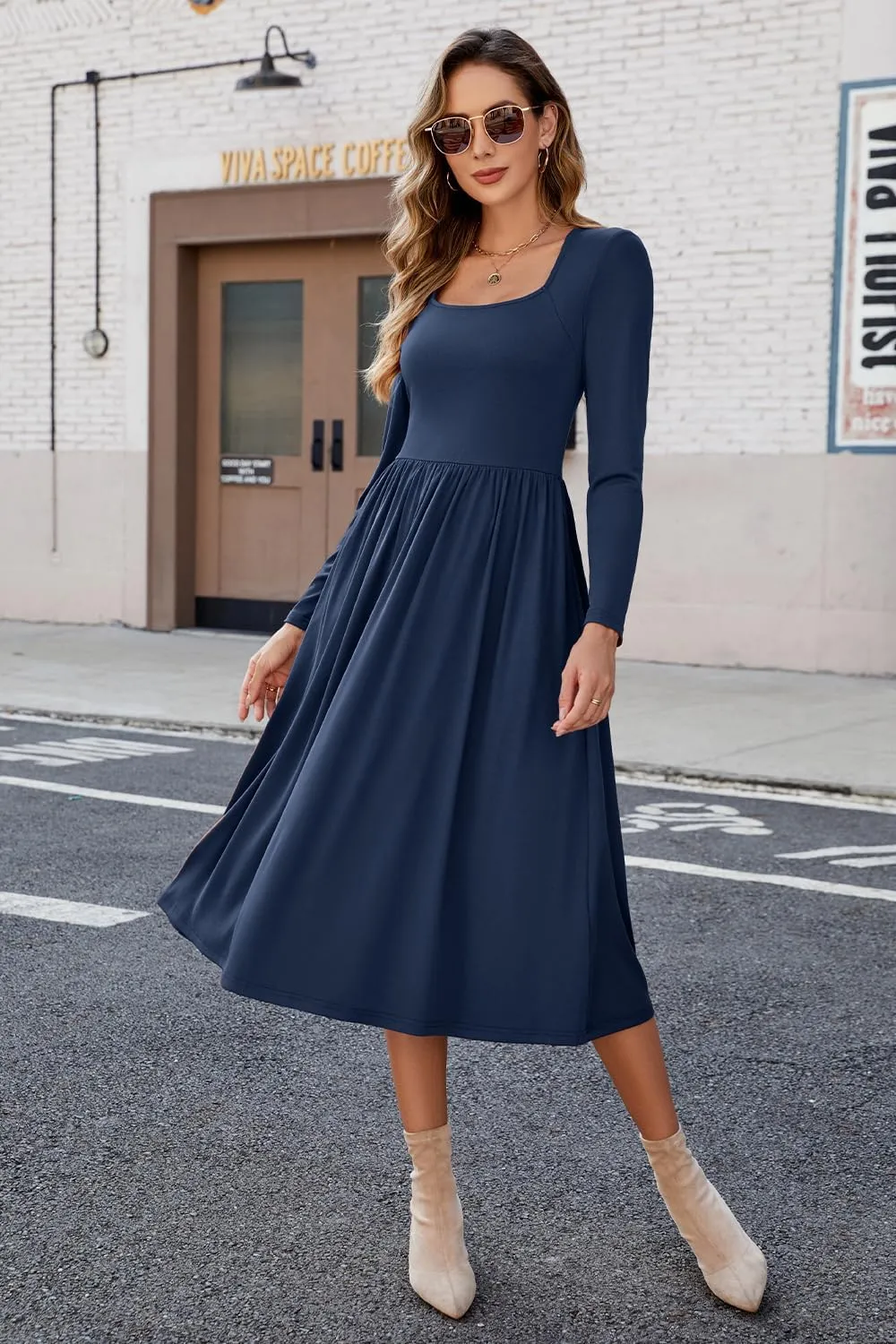 Newshows Women's Summer Square Neck Ribbed Knit Short/Long Sleeve A Line Flowy Midi Dress with Pockets