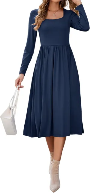 Newshows Women's Summer Square Neck Ribbed Knit Short/Long Sleeve A Line Flowy Midi Dress with Pockets