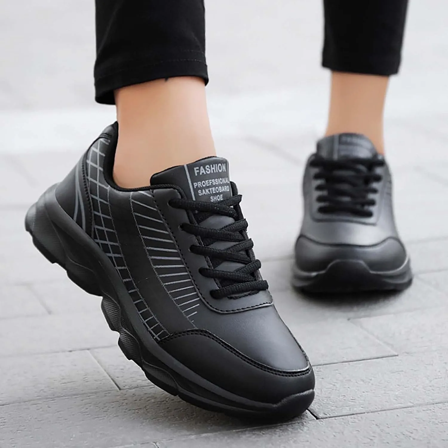 Non Slip Shoes Women Faux Pu Leather Lace Up Business Sneakers Outdoor Casual Comfortable Walking Training Shoes