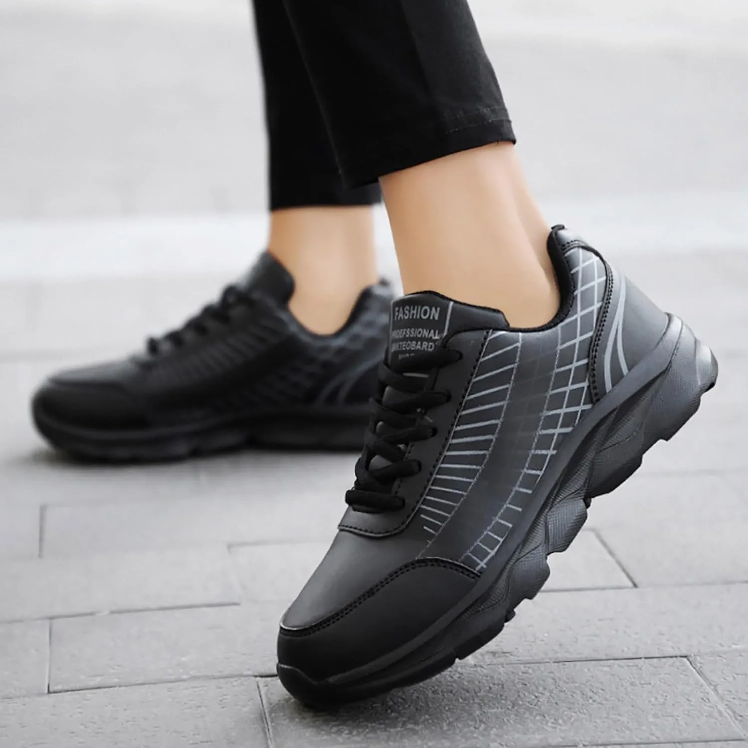 Non Slip Shoes Women Faux Pu Leather Lace Up Business Sneakers Outdoor Casual Comfortable Walking Training Shoes