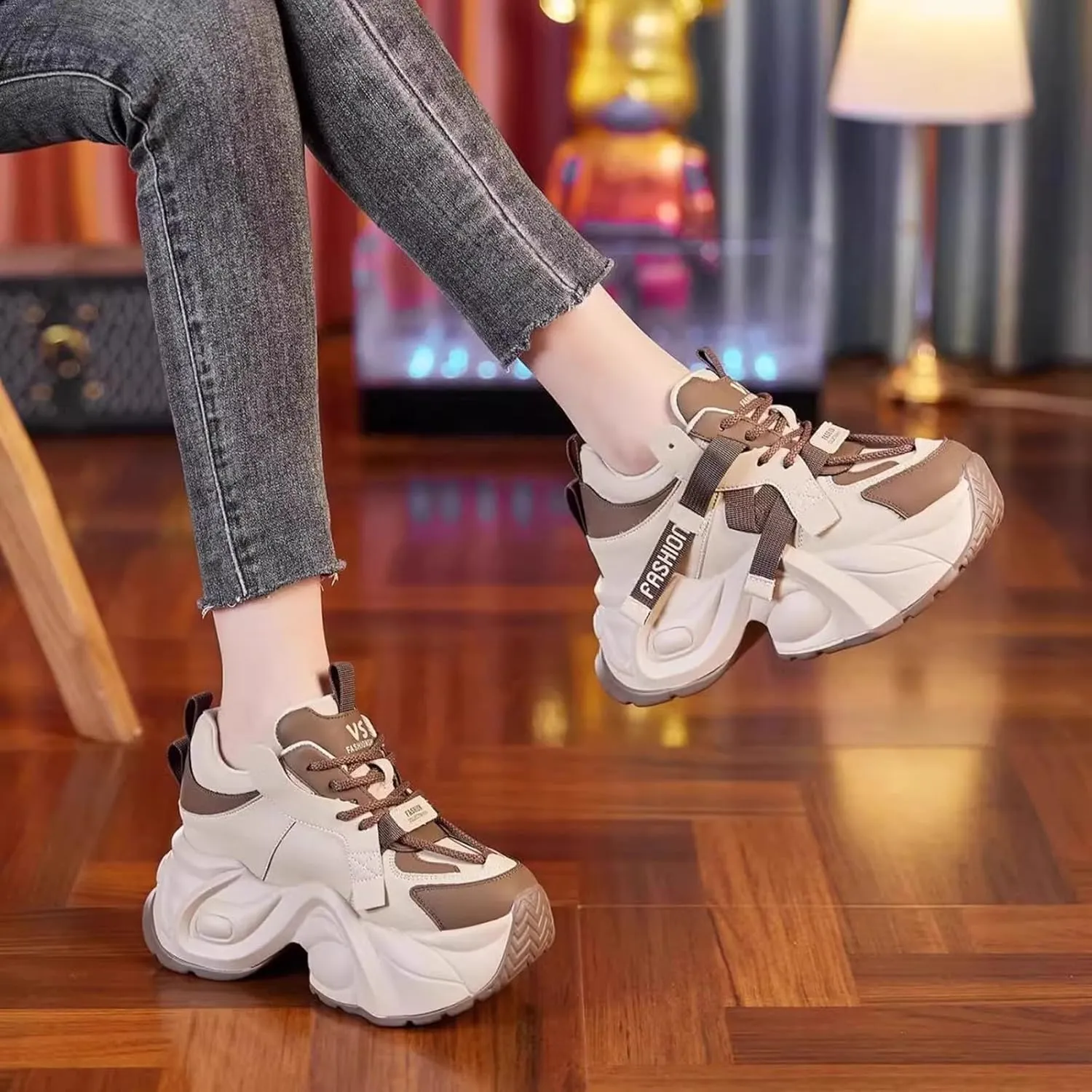 Non Slip Shoes Women Thick Paltform Lace Up Walking Sneakers Comfortable Outdoor Walking Running Workout Shoes
