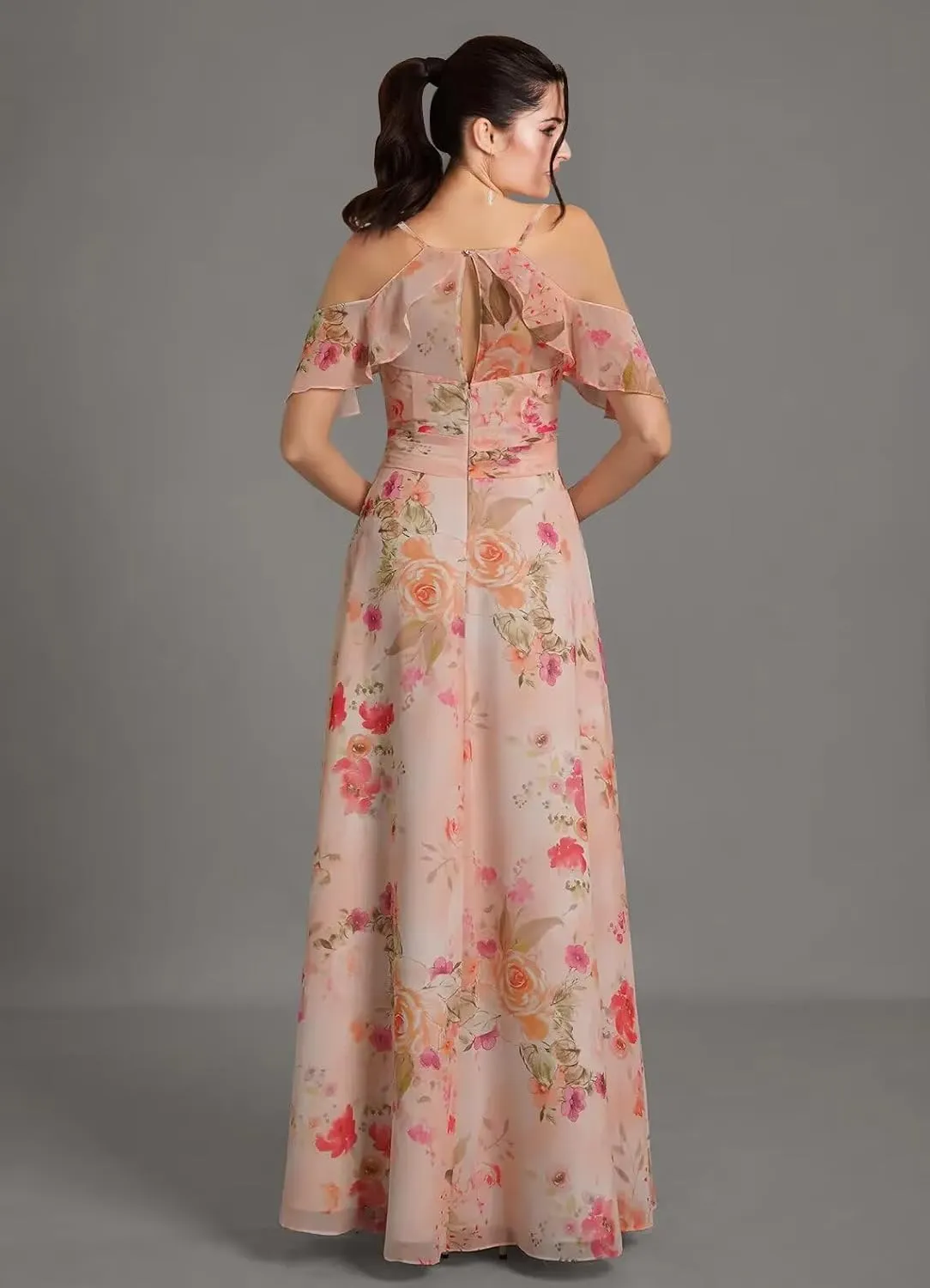 Off Shoulder Chiffon Bridesmaid Dresses for Wedding V Neck Ruffles Pleated Formal Evening Gowns with Slit