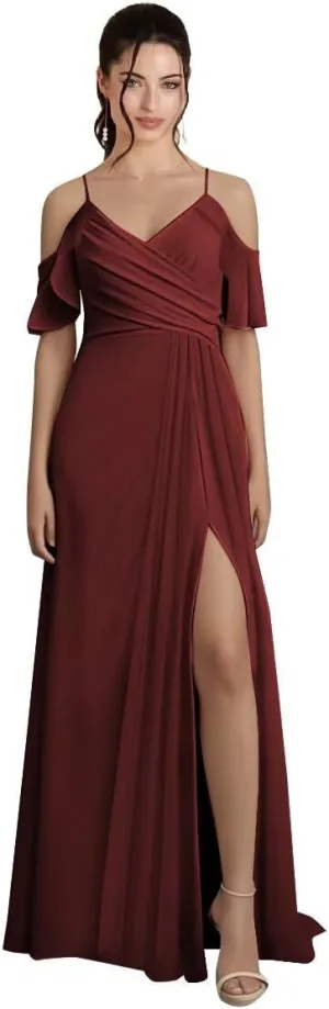 Off Shoulder Chiffon Bridesmaid Dresses for Wedding V Neck Ruffles Pleated Formal Evening Gowns with Slit