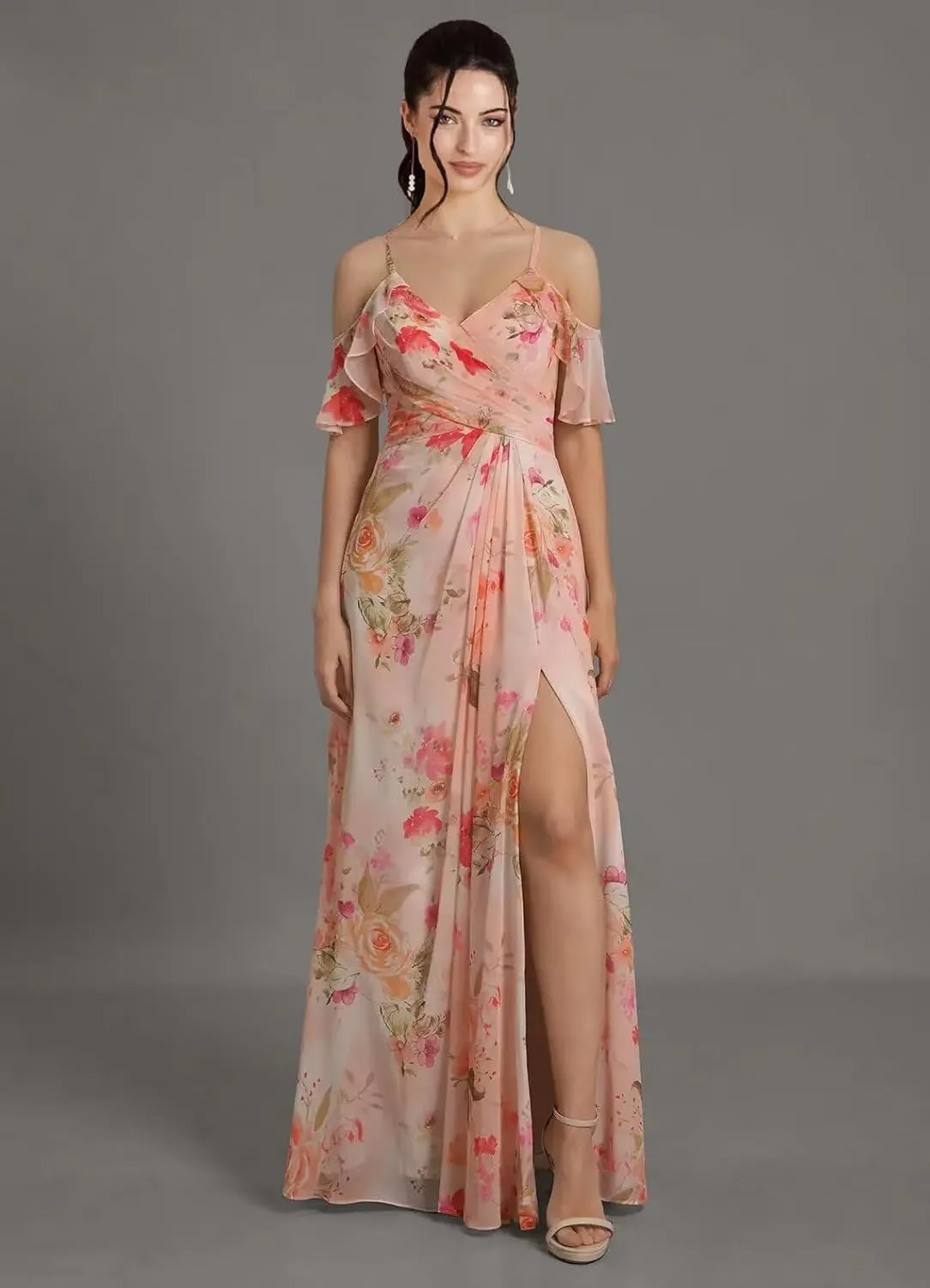Off Shoulder Chiffon Bridesmaid Dresses for Wedding V Neck Ruffles Pleated Formal Evening Gowns with Slit