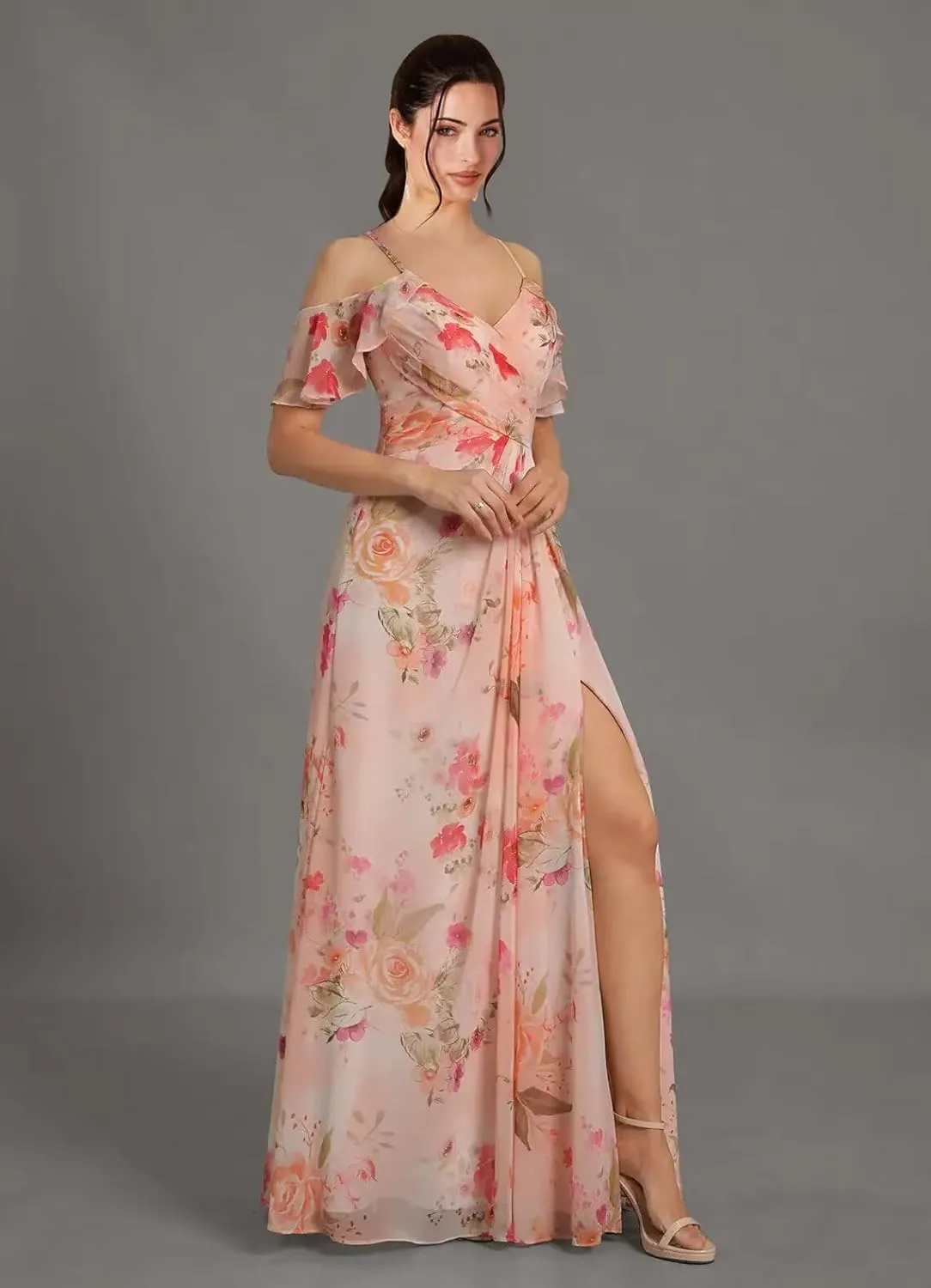 Off Shoulder Chiffon Bridesmaid Dresses for Wedding V Neck Ruffles Pleated Formal Evening Gowns with Slit