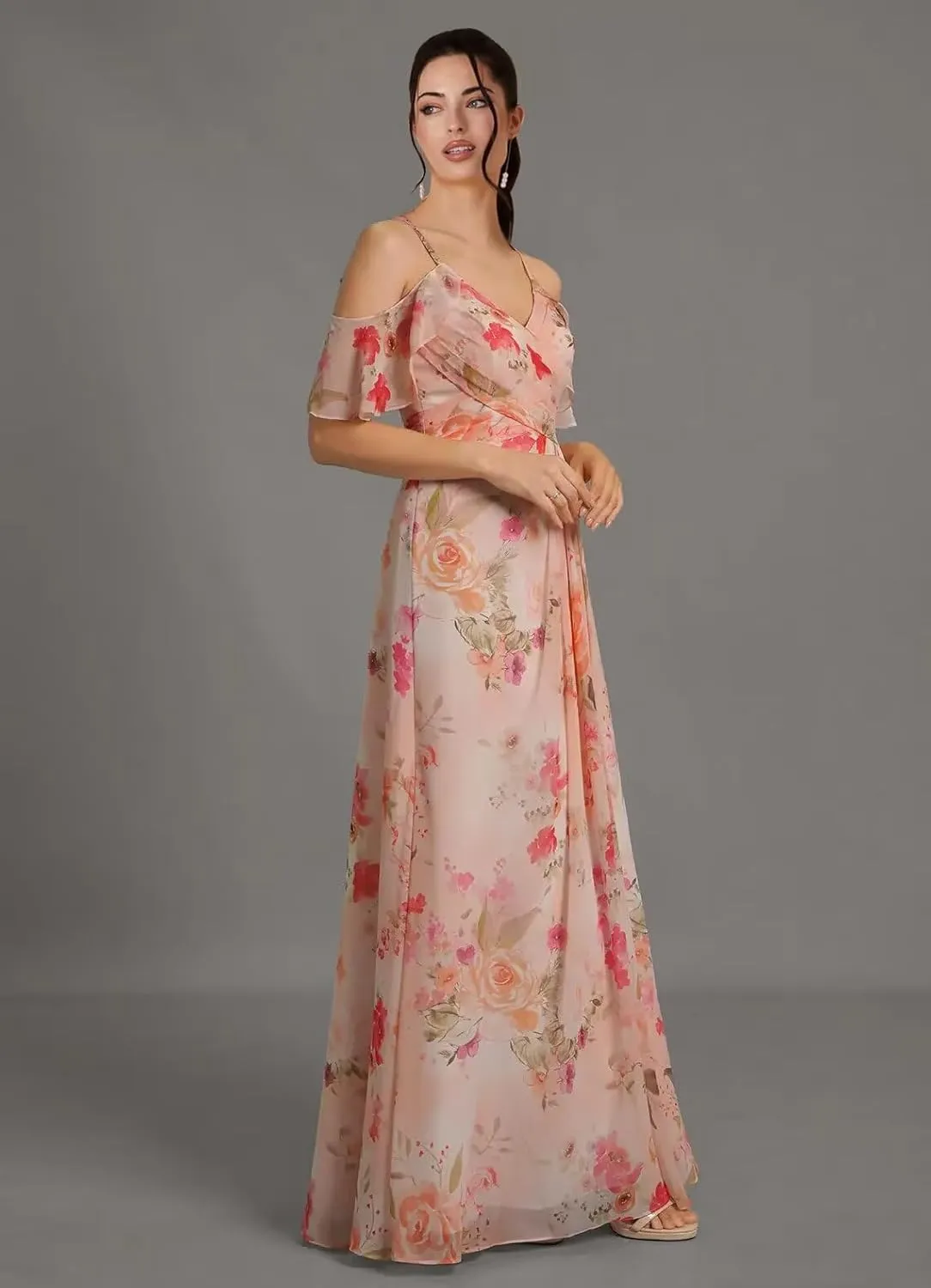 Off Shoulder Chiffon Bridesmaid Dresses for Wedding V Neck Ruffles Pleated Formal Evening Gowns with Slit