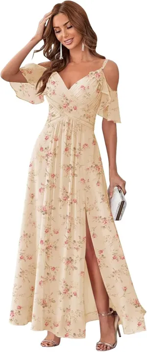 Off Shoulder Chiffon Bridesmaid Dresses for Wedding with Slit Cold Shoulder Prom Dress Pleated Wedding Party Gown