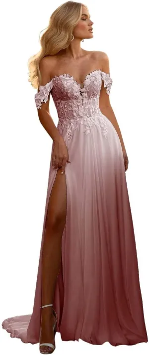 Off Shoulder Chiffon Wedding Dresses for Bride Laces Boho Beach Bridal Gowns with Slit