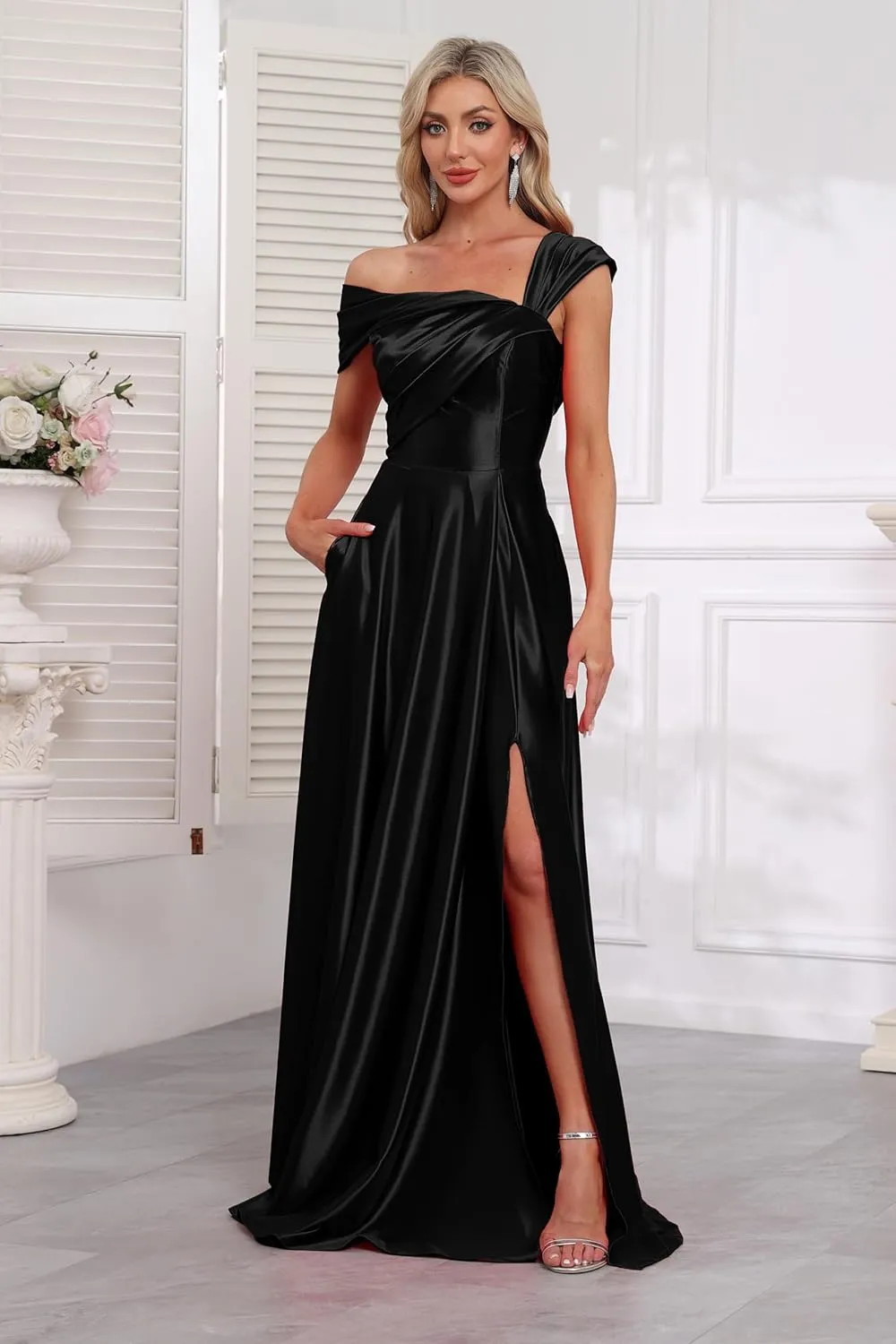 Off Shoulder Satin Formal Dresses Long A Line Evening Party Prom Dresses for Women EA002