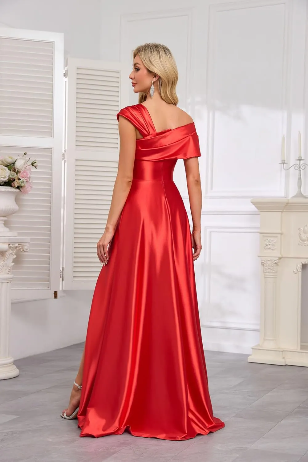 Off Shoulder Satin Formal Dresses Long A Line Evening Party Prom Dresses for Women EA002