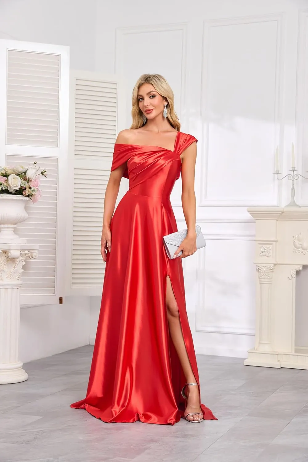 Off Shoulder Satin Formal Dresses Long A Line Evening Party Prom Dresses for Women EA002